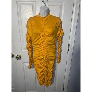 Long Sleeve Ruched Bodycon Dress Mustard Yellow Size M